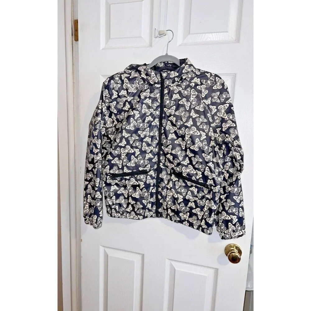 ART CLASS Black Hooded Butterflies Print Rain Jacket Sz 18 Girls Full Zip